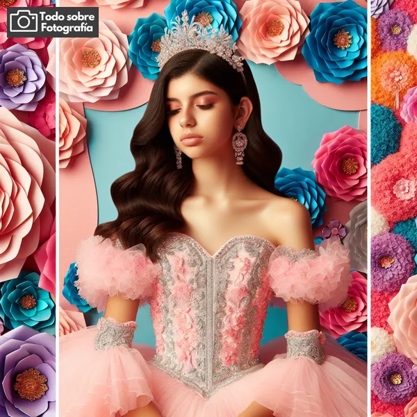 Imagen de una sesión de fotos de una quinceañera con poses elegantes y fondos coloridos, siguiendo los consejos de fotografía para lograr la sesión perfecta.