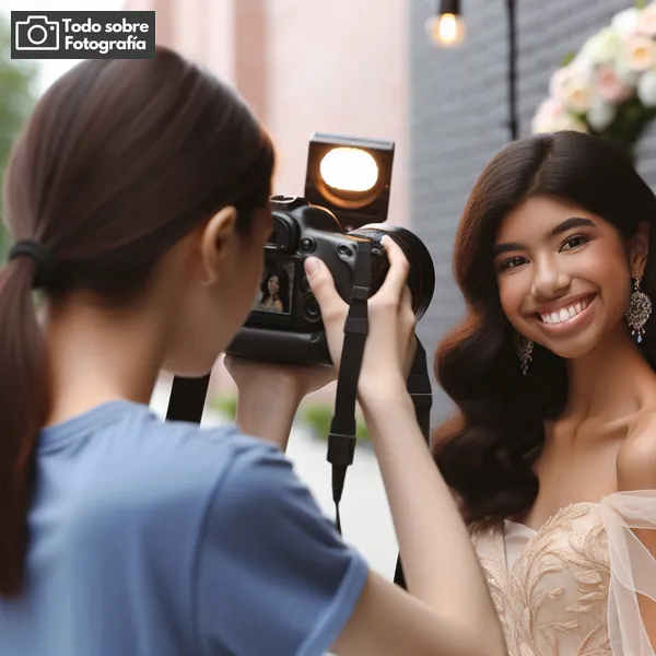 Imagen: Fotógrafa profesional capturando a una quinceañera sonriente durante una sesión de fotos, siguiendo los consejos para lograr la foto perfecta.