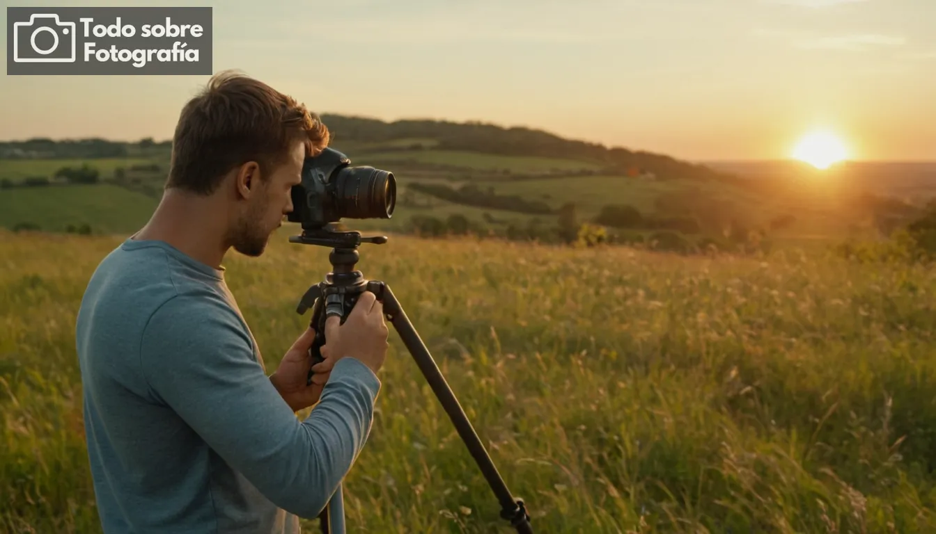 fotógrafo profesional en acción, trípode con cámara adjunta, paisajes variados y escenas urbanas, condiciones de iluminación al aire libre, efecto de atardecer o hora dorada, diversos accesorios fotográficos mostrados, imágenes de productos de alta calidad, visuales atractivas para atraer lectores, diseño moderno y elegante, enfoque claro en el tema