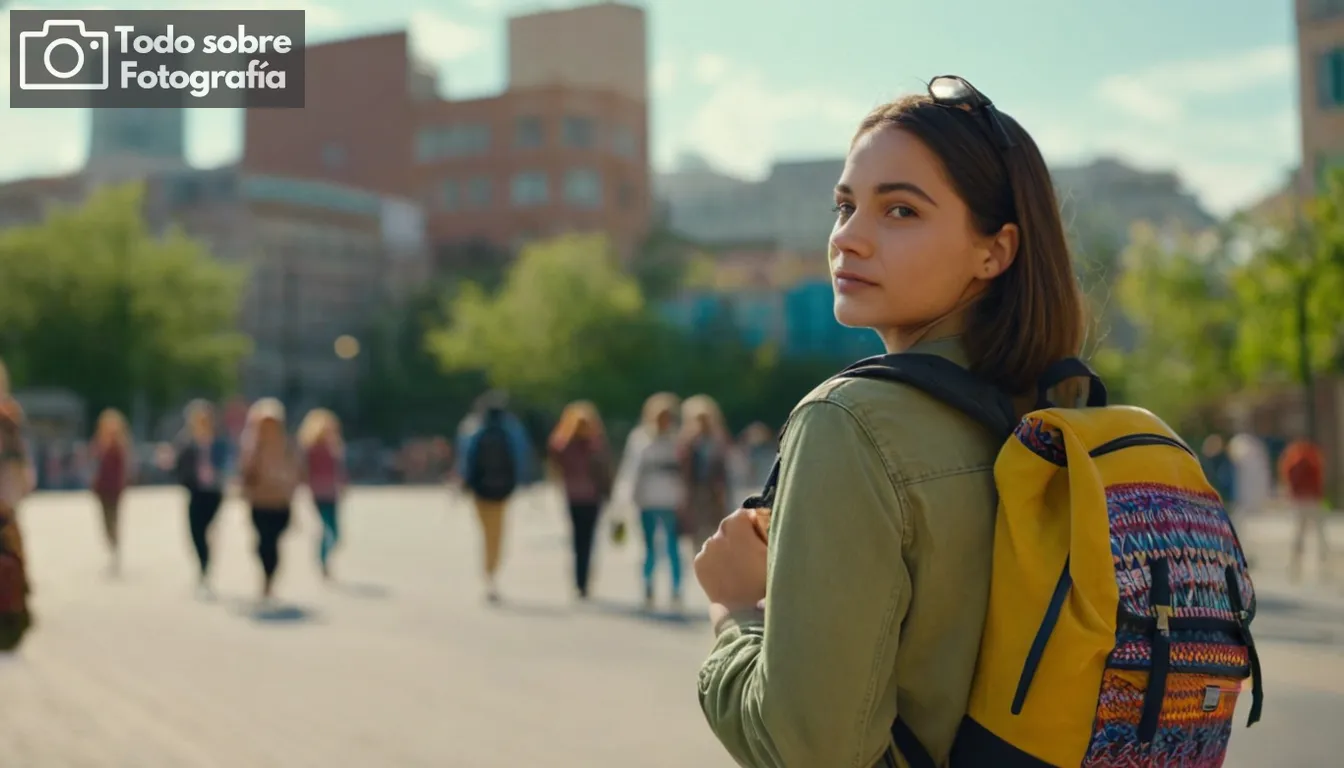 Joven mujer con una mochila, soleada escena al aire libre, vibrante paisaje urbano en el fondo, cámara sobre el hombro, coloridos accesorios de fotografía dispersos, diversos hues y patrones en artículos de engranaje, expresiones entusiastas, diverso grupo de personas que exploran el paisaje urbano