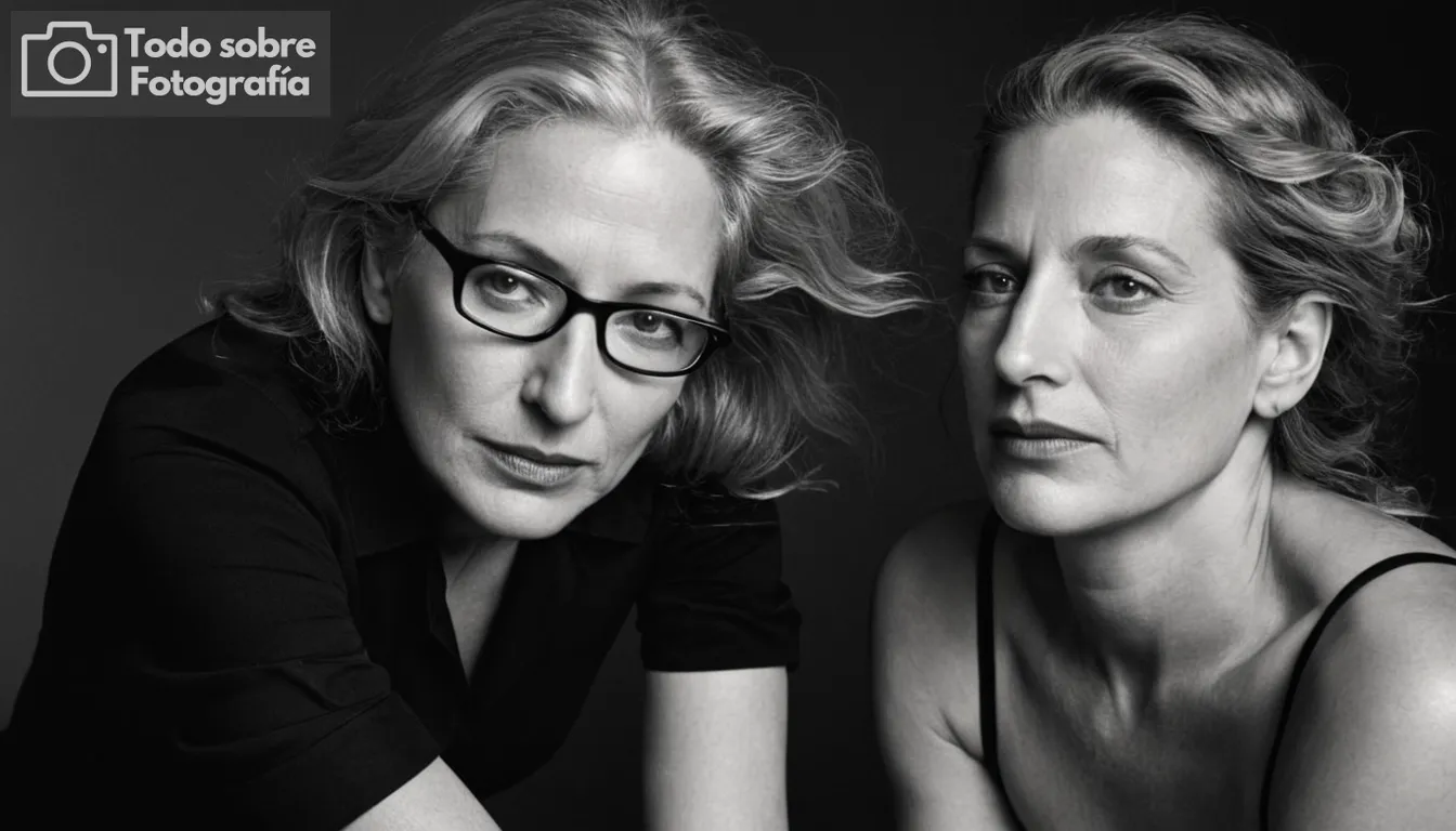 Annie Leibovitz en blanco y negro, posando con modelo, iluminación de alto contraste, expresión dulce, retratos llamativos, momentos icónicos, imágenes poderosas, composición artística, perspectiva única, imagen de cubierta visualmente cautivadora, visuales impresionantes