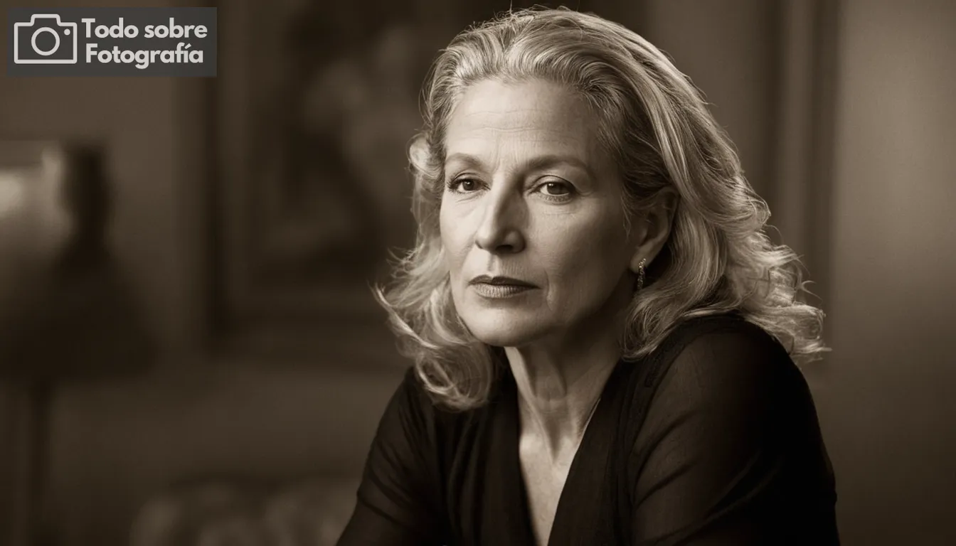 Annie Leibovitz posando para una sesión de fotos, retratos emblemáticos de celebridades, iluminación dramática, momentos dulces capturados en películas, imágenes blancas y negras en tonos de sepia, fotos íntimas de grupo, diversos entornos profesionales, expresiones llenas de emoción, acontecimientos históricos memorables documentados