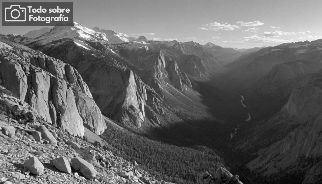 Ansel Adams en perfil, fotografías en blanco y negro, Sierra Nevada montañas, mensaje de conservación de la naturaleza, técnicas de iluminación artística, paisajes icónicos americanos, espíritu de preservación ambiental, superposición histórica