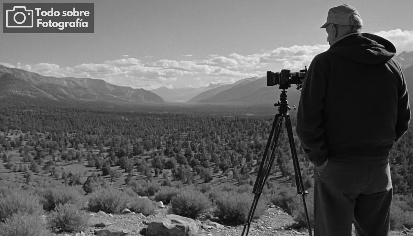 Ansel Adams retrato, fotografía de paisaje blanco y negro, Sierra Nevada, aplicación del sistema Zona, cámara a mano, proceso de cuarto oscuro visible, marco de película de gran formato, contexto histórico de desarrollo fotográfico, elementos naturales capturados en enfoque agudo, contrastes profundos resaltando luz y juego de sombras