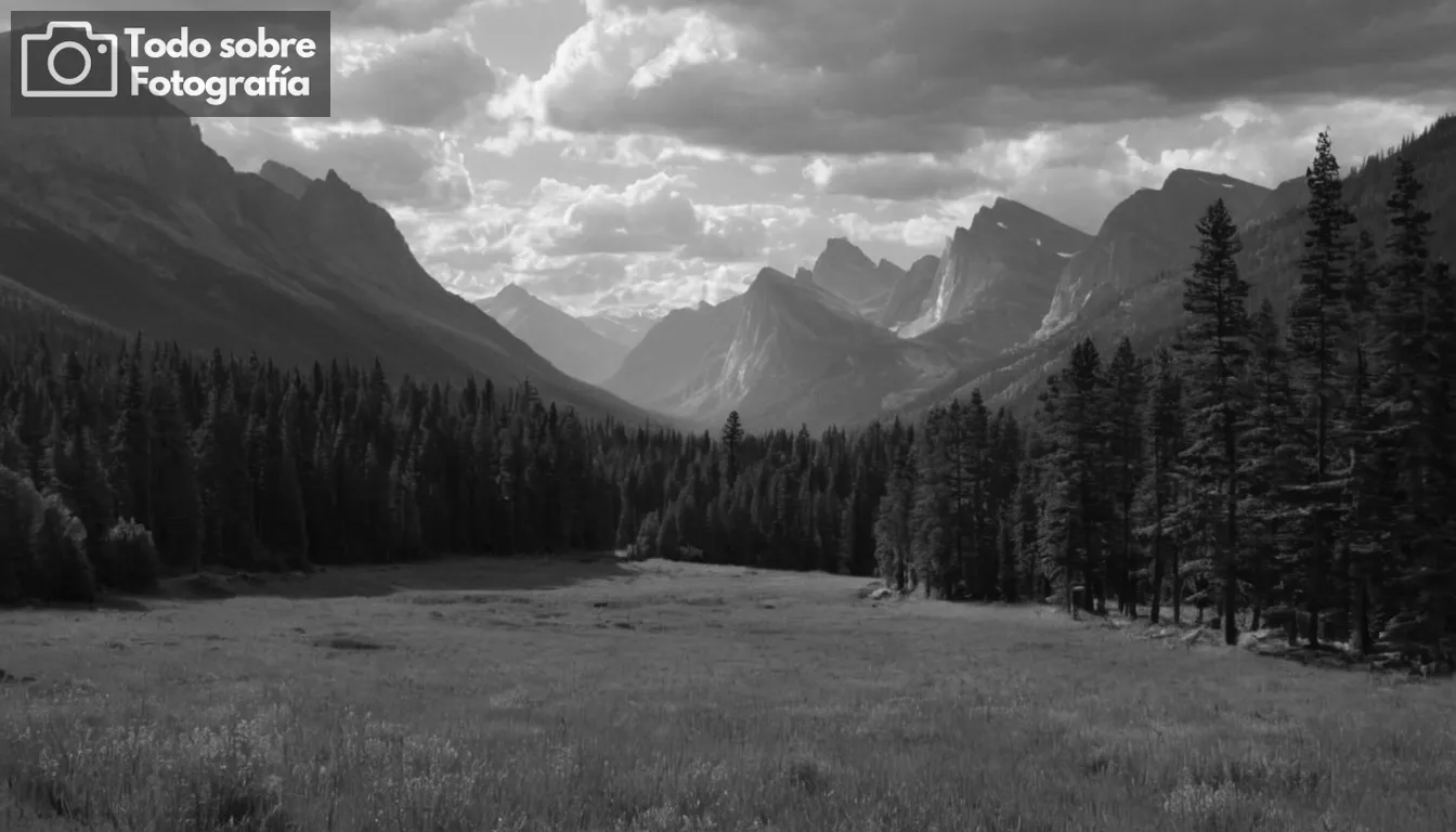 bosque boscoso, majestuosos montañas, contrastes de estrellas, fotografía blanca y negra, amplios paisajes, icónico desierto americano, Ansel Adams estilo de firma, iluminación dramática, belleza natural capturada en película