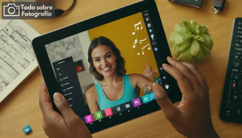 Smiling individual editing photos on a tablet