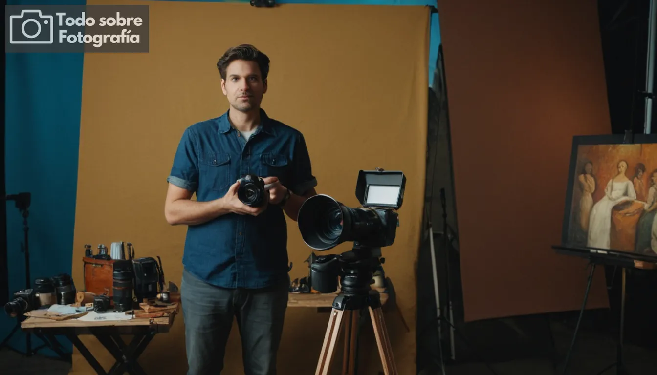 Fotógrafo de autorretrato con equipo de cámara, instalación de iluminación de estudio, caballete y fondo de tela, diversos elementos que representan la expresión artística, colores vibrantes, mirada enfocada, ajustes de manos, obras de arte personal exhibidas prominentemente, atmósfera inspiradora