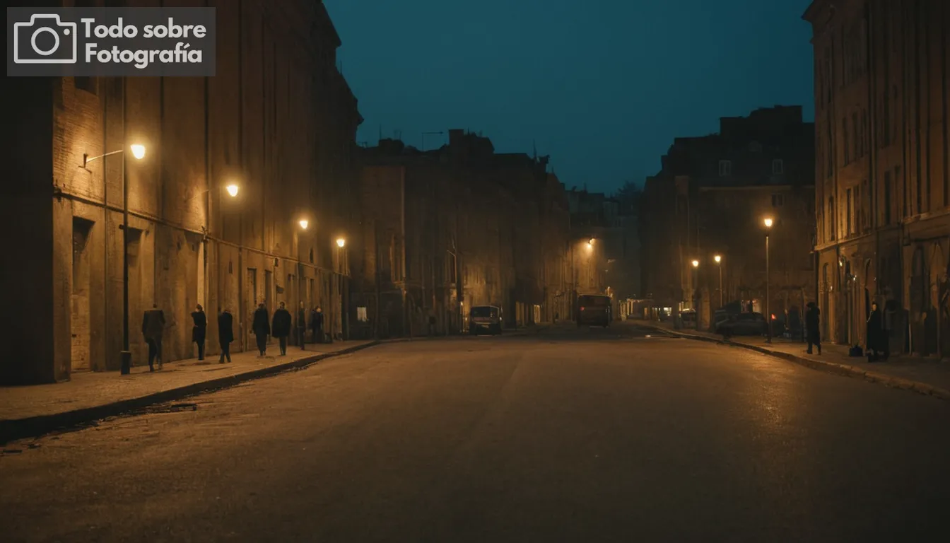 Paisaje urbano al atardecer, luces de calle, sombras contrastantes, figuras humanas sutiles en el fondo, toques de decaimiento y belleza coexistiendo, humor melancólico, composición conmovedora