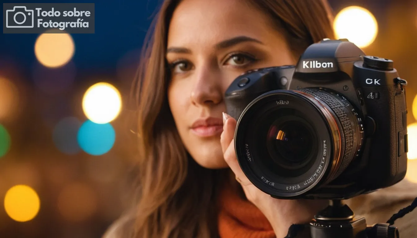 fotógrafo de retratos, fondo de enfoque suave, profundidad poco profunda de campo, formas y líneas borrosas, colores vibrantes, tema de cerca, escena exterior, configuración de iluminación creativa, círculos de bokeh en primer plano, elegante accesorio de la cámara