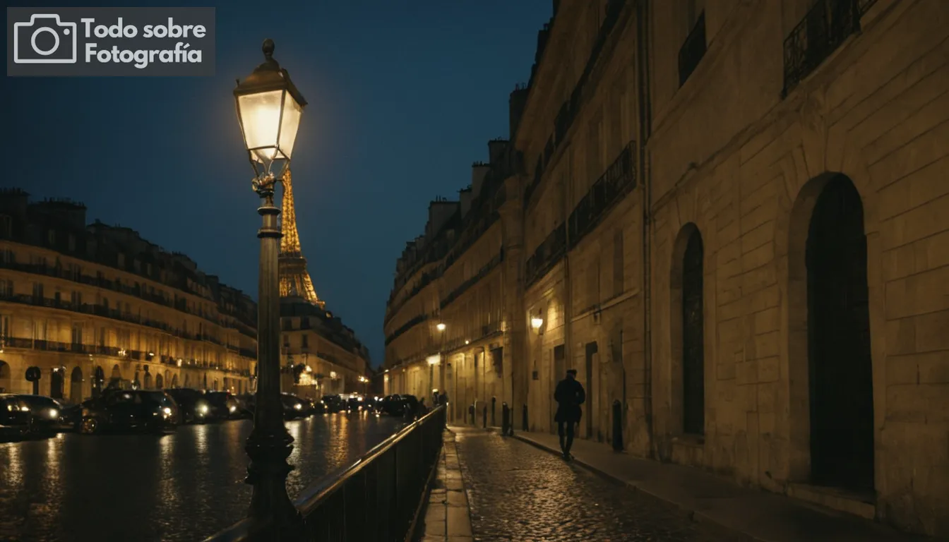 Lámparas iluminando la vida nocturna parisina, callejuelas sombrías, monumentos históricos en crepúsculo, figura solitaria frente al telón urbano, ambiente misterioso, silueta de ciudad icónica, mirador de cámara vintage, ambiente bullicioso y sereno, contraste de elementos oscuros y ligeros