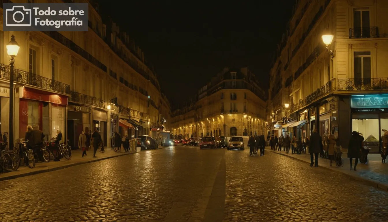 calles muy iluminadas, luces de calle, figuras sombrías en movimiento, ambiente misterioso, vibraciones de la vida nocturna urbana, siluetas contra las luces de la ciudad, emblemáticos hitos parisinos sutilmente visibles, ambiente nocturno capturado, sensación de soledad y exploración, composición artística atemporal