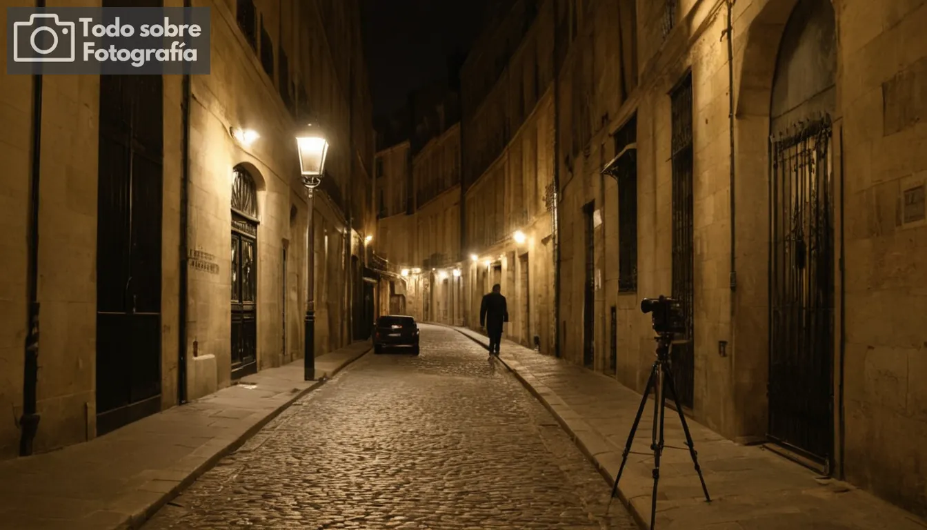 Un fotógrafo en el trabajo en París, cámara vintage en un trípode, callejuela diminuta, arquitectura urbana en el fondo, ambiente misterioso, paleta negra y blanca, sombras jugando con la luz, escena callejera dulce, figura solitaria, expresión creativa a través de la fotografía, emblemático paisaje urbano parisino