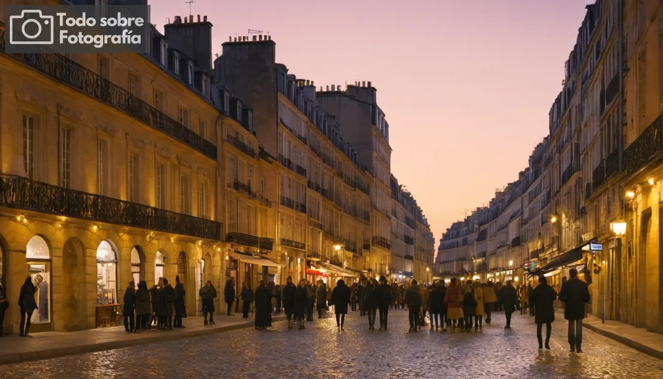 Cité des Lumières at dusk, shadowy alleyways, lamplight reflections in cobblestone streets, modernity juxtaposed with history, Parisian silhouette against a vibrant skyline, street performers capturing lifes essence, hidden corners of the city waiting to be discovered, iconic landmarks subtly veiled by nightfall