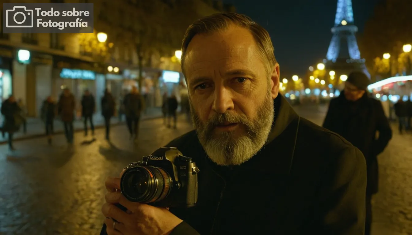 Hombre envejecido con barba, cámara de sujeción, calle parisina por la noche, luces de neón que reflejan fuera del pavimento, curiosos espectadores en las sombras, silueta de la Torre Eiffel icónica, atmósfera artística, expresión dulce, escenario histórico, colores vibrantes, perspectiva única