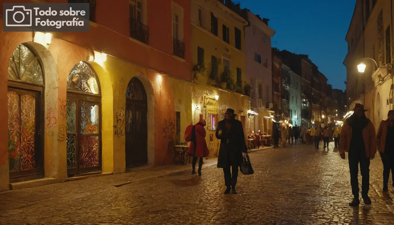 Antiguas calles de la ciudad por la noche, vibrante arte del graffiti en las paredes, artistas callejeros en trajes coloridos, silueta de monumentos históricos, bulliciosas terrazas cafeterías, luces callejeras que reflejan pavimentos húmedos, misteriosos callejones urbanos, elementos de moda únicos entre peatones