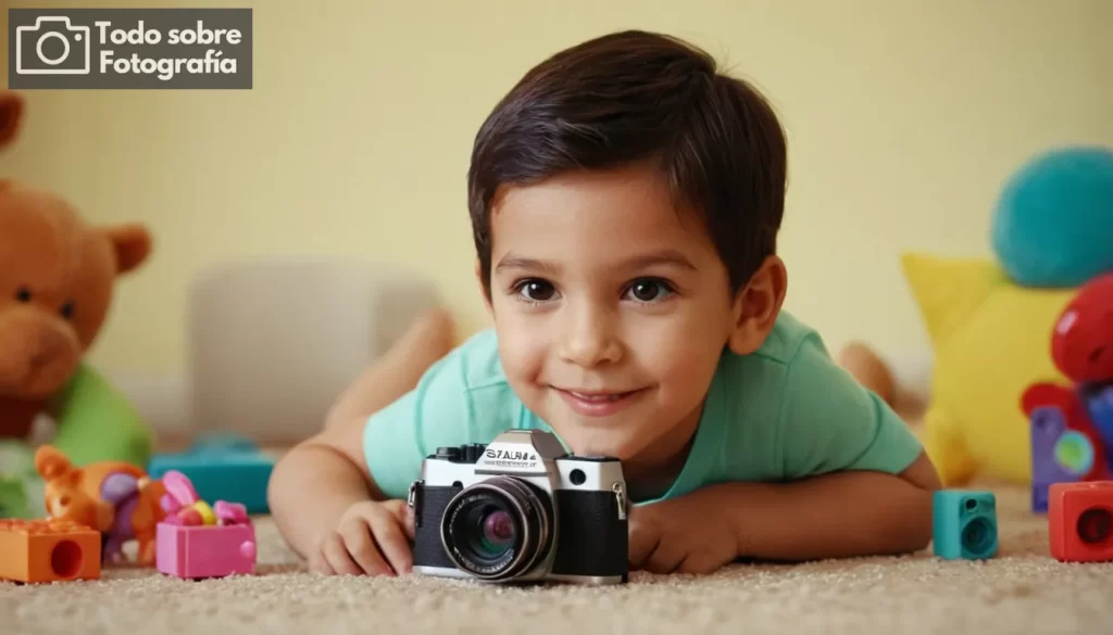 niños sonriendo y jugando con una cámara