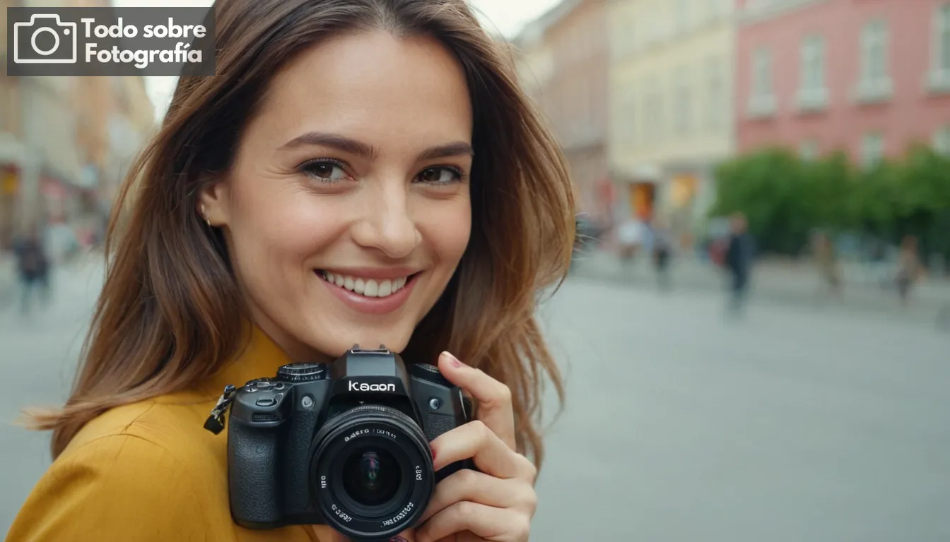 mujer que sostiene una cámara, cara sonriente, vibrante paisaje urbano, clara luz del día, varias escenas callejeras, diversos temas capturados, imágenes coloridas, composición dinámica, impresiones de alta calidad, diseño de cubierta artística, elementos visuales cautivadores, estilo instantánea atractivo