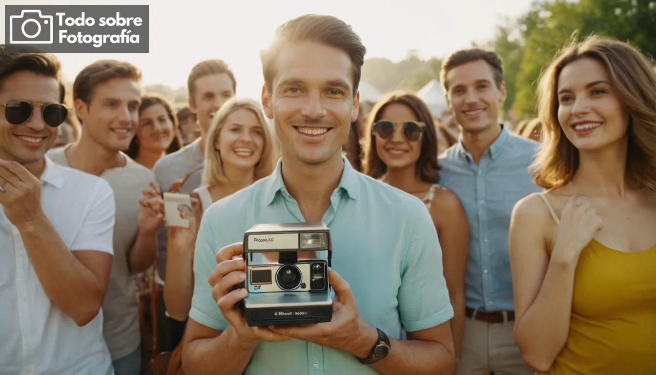 un hombre que sostiene una cámara Polaroid, entorno vintage, soleada escena al aire libre, diversa multitud, caras sonrientes delante de impresiones, colores brillantes, filtros retro, atmósfera nostálgica, experiencia instantánea de fotografía