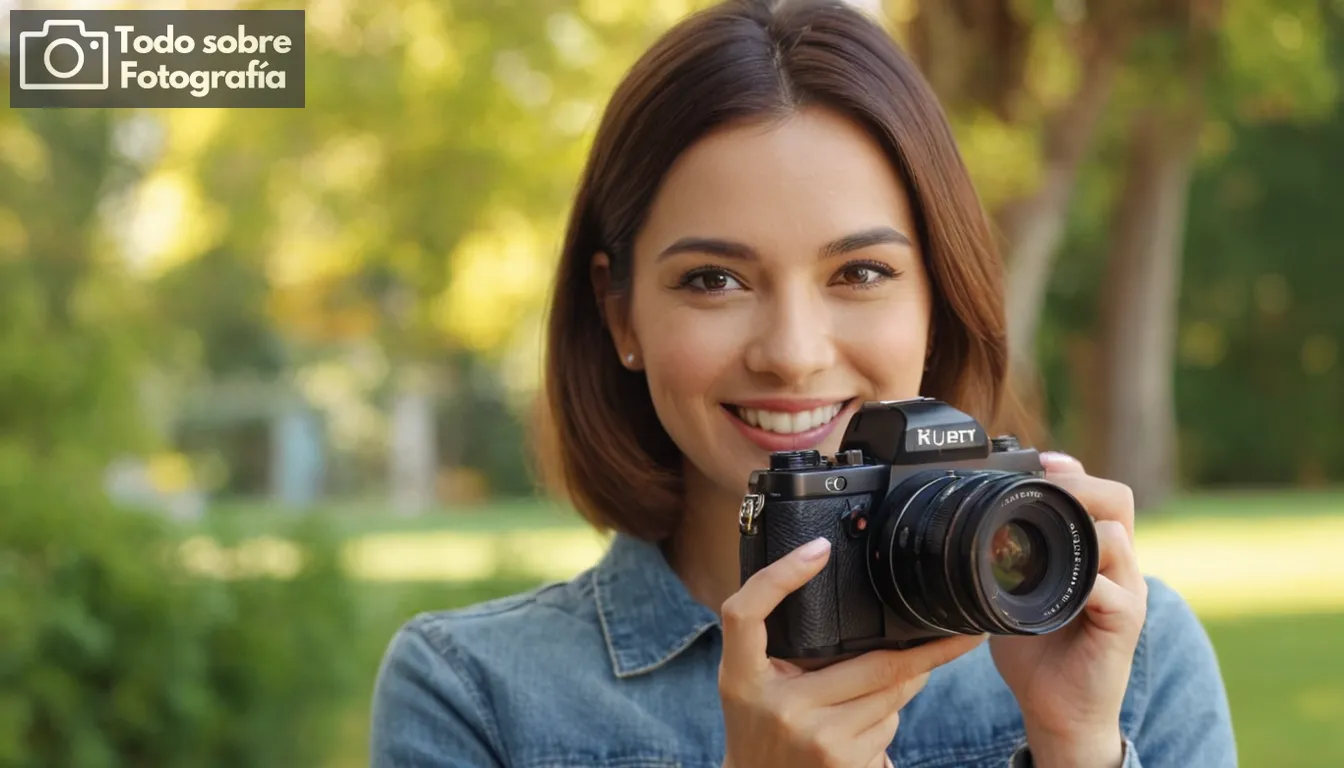 Cubierta fotografía de una cámara, usuario sonriente, toma de acción, ajuste soleado al aire libre, fondo colorido, sensación vintage, presentación de producto elegante Instrucción