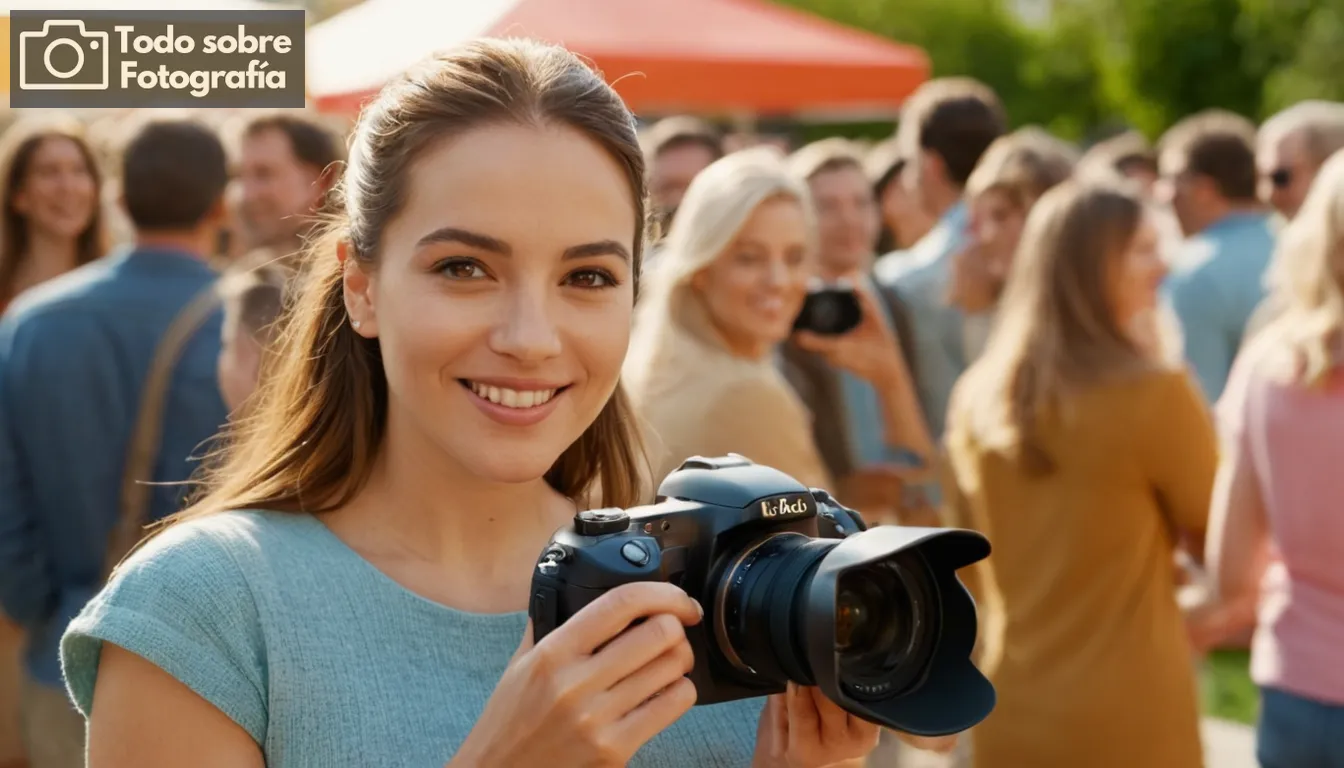 mujer que sostiene una cámara, la multitud sonriente en el fondo, soleada ambientación al aire libre, colores vibrantes en la pantalla, etiquetas de precios visibles, varios modelos de cámara arreglados con cuidado, imágenes detalladas de producto, composición de disparos de gran angular, compromiso entusiasta del consumidor, elementos de escaparate interactivo