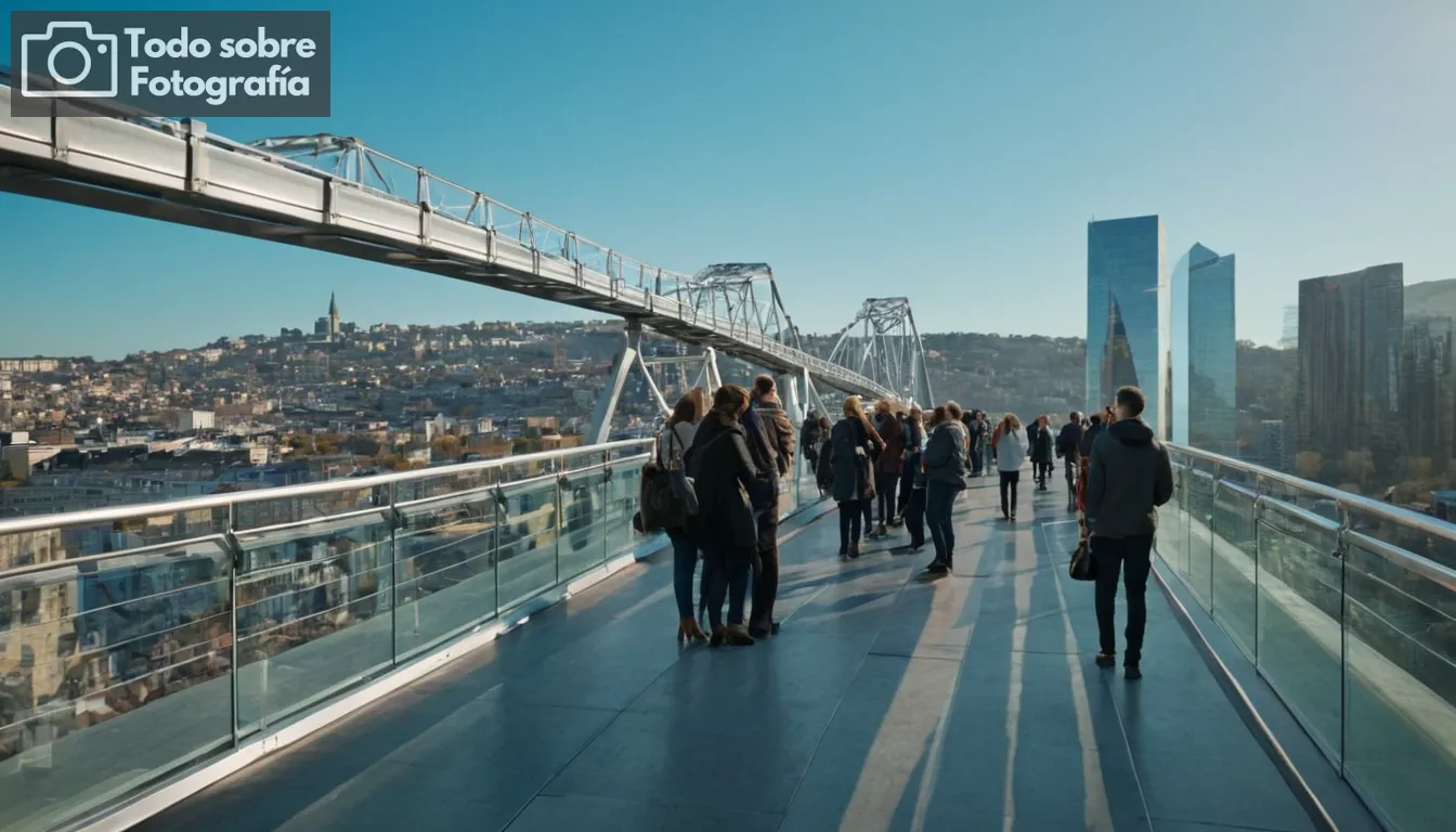 lentes de cámara detalladas, diseño arquitectónico moderno, puente de estructura de acero, filtro de luz solar a través de paneles de vidrio, multitud de personas con cámaras en la mano, fondo de paisaje urbano, cielo azul claro, colores vibrantes contrastando gris metálico, líneas elegantes y curvas, información digital visible, composición dinámica, punto focal en el centro de puentes (Nota: Esta respuesta evita mencionar texto del título o contenido del artículo)