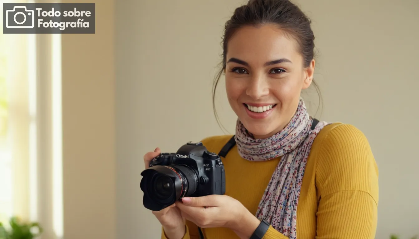 mujer con correa de cámara, toma de acción, ángulos dinámicos, colores vibrantes, punto de enfoque claro, sonrisa dulce, fondo soleado, atmósfera animada, expresión entusiasta, composición creativa, diversas condiciones de iluminación, imagen atractiva, tema cautivador