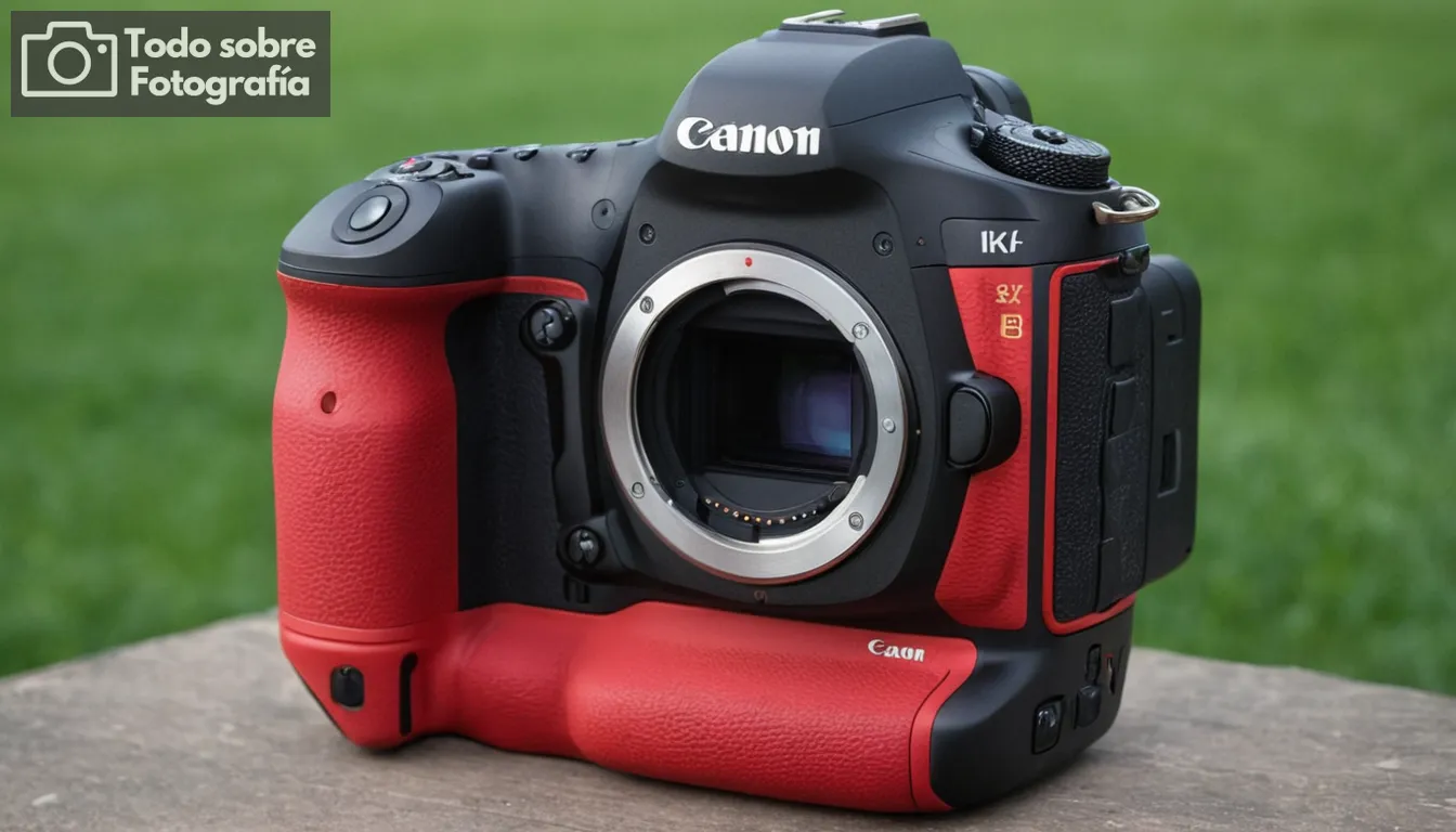 Cuerpo profesional de cámara DSLR, pantalla de pantalla grande en panel trasero, diales de control dual, esquema de color rojo y negro, prominente logotipo Canon, diseño ergonómico de agarre, indicador rápido del modo de disparo continuo, montura de lente integrada, pantalla táctil LCD multifunción