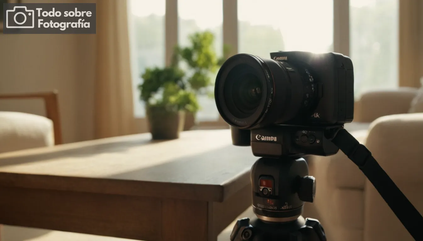 Foto Ashcan, lente de cámara zoom, luz solar filtrando a través de una ventana, entorno interior, sombras fundidas en muebles, vista de cerca, logotipo Canon visible, diseño elegante del dispositivo, manos agarrando la correa de la cámara, varios accesorios de fotografía cercanos, cautivador ángulo de imagen