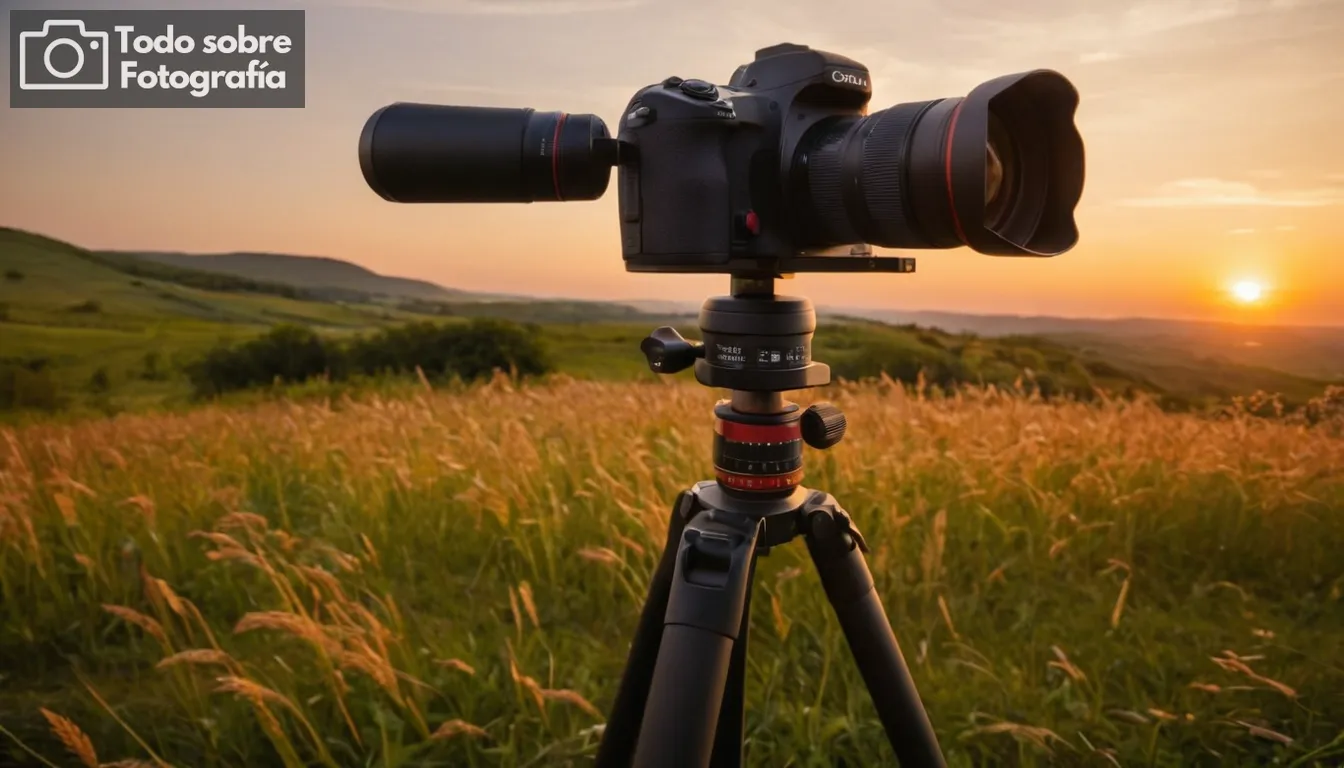 Trípode de cámara, lente de gran angular, paisaje al aire libre, disparo de cerca, colores vibrantes, enfoque claro, fondo de puesta del sol, paisajes impresionantes, configuración de fotografía profesional