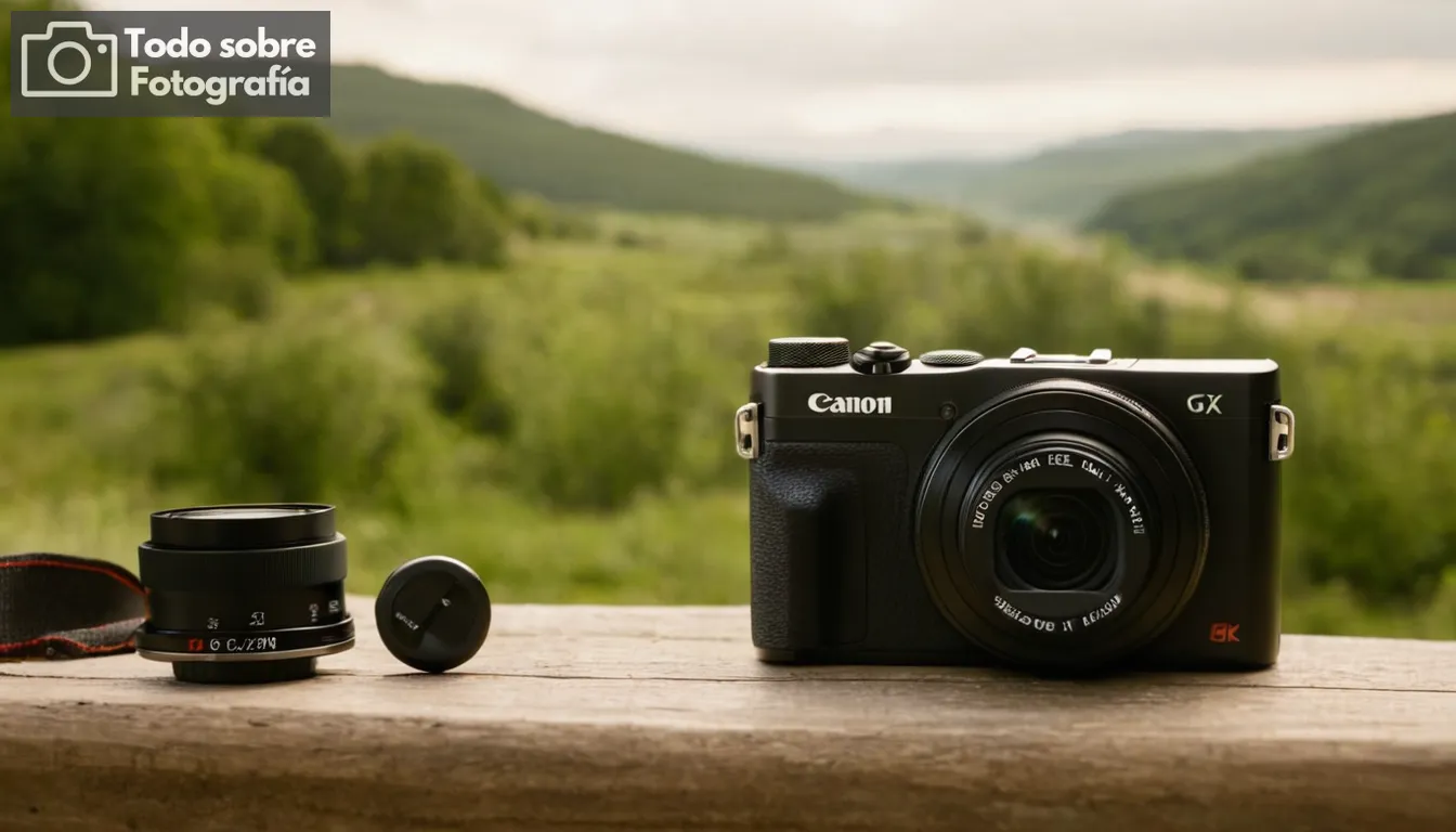 retrato de Canon G7X Cámara Mark II, cierre de botones y pantalla, dispositivo de sujeción de usuario, varios modos de disparo mostrados, escena soleada al aire libre, amplio paisaje con enfoque detallado en las características de la cámara