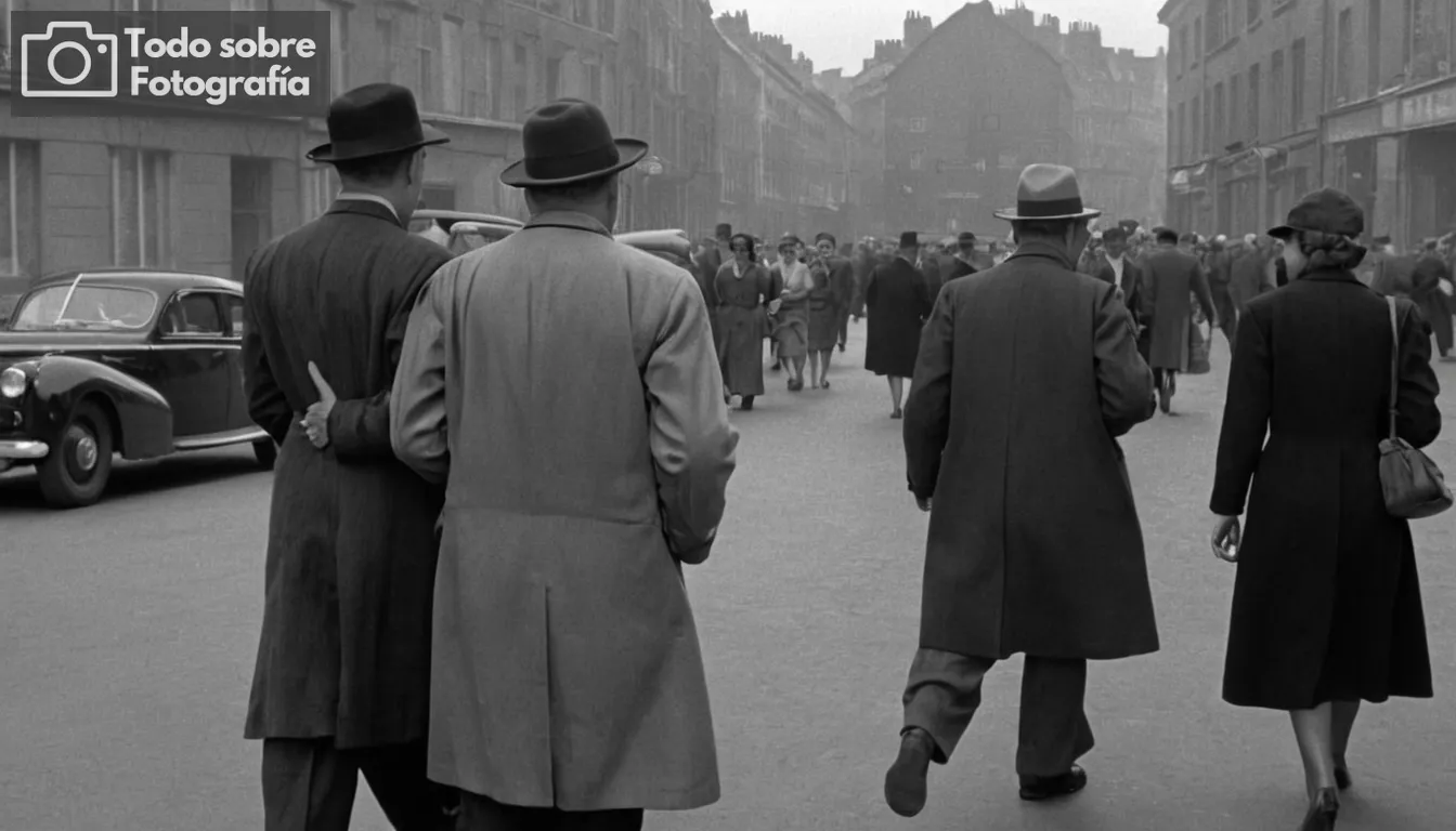 Cartier-Bresson en sus momentos urbanos, candid, elementos de fotografía callejera, paleta negra y blanca, conexión humana, momento decisivo capturado, escenario de la era de 1940 a 1950, moda del siglo pasado, expresión del tiempo y lugar