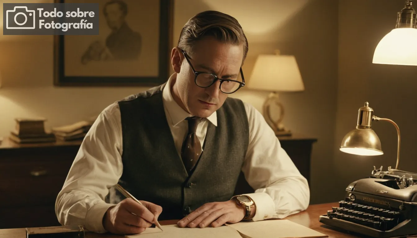 Ajuste de la oficina de 1950, máquina de escribir en un escritorio, fondo de fotografía con sepia bordadada, iluminación suave enfocada, hombre en gafas y cintura enfocado de manera intencionada, paredes adornadas con piezas de arte vintage, lámpara de latón fundiendo sombras cálidas