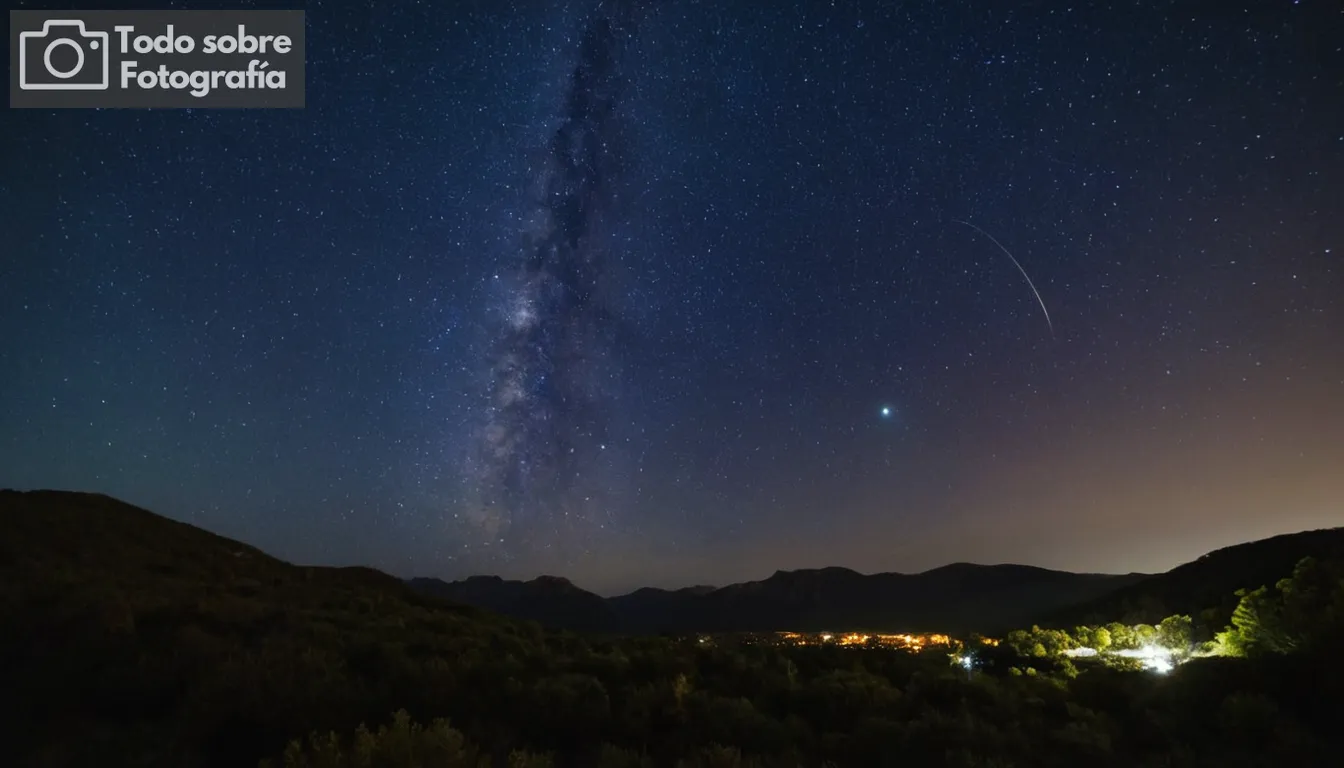 Cielo nocturno estrellado, rotación de las Tierras, disparos de larga exposición, estrellas estresadas, técnica de pintura ligera, paisaje nocturno, esfera celestial, montaje trípode de cámara, configuración de apertura abierta, mejora post-procesamiento