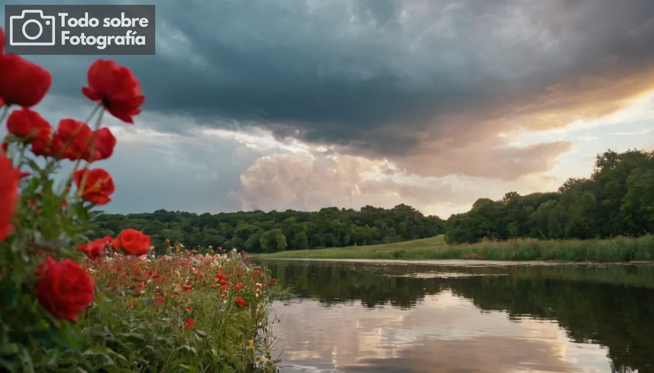 La fotografía captura un emparejamiento de dos paisajes contrastantes: uno bañado en suave luz solar y otro recubierto con nubes dramáticas; sujetos yuxtapuestos como flores vibrantes contra tonos mudos, agua reflectante reflejando el cielo arriba