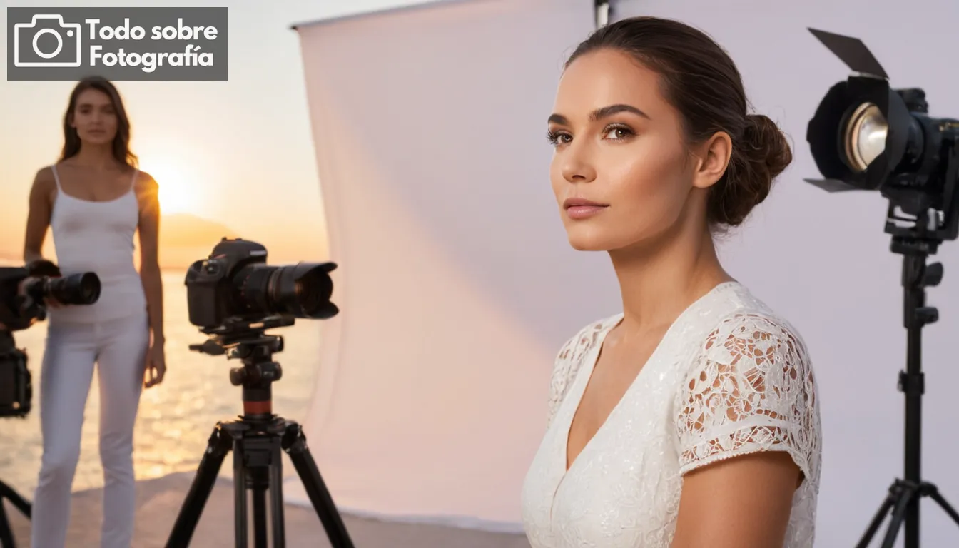 Configuración de fotografía de alta calidad con equipos de iluminación brillantes y reflectores en un estudio bien iluminado o al aire libre durante la hora dorada; sujeto vestido de blanco para minimizar las sombras en su cara Sujeto mirando cámara, expresión neutral pero comprometido debido al contacto visual que se hace intencionalmente mientras se fotografió con lente rápida para capturar detalles nítida con grano mínimo