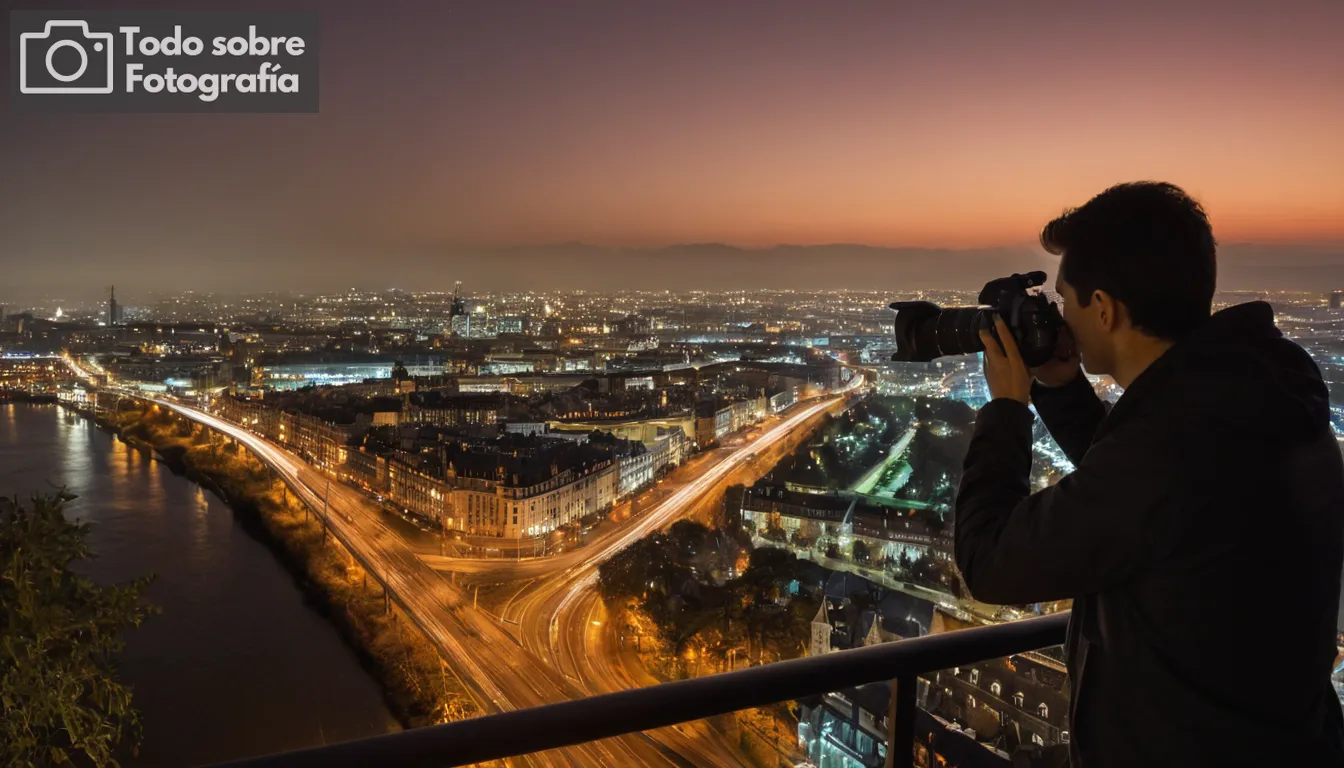 - Una persona que utiliza una cámara en condiciones de poca luz con fondos de alto contraste; posiblemente al aire libre en habitaciones de noche o indoína muy oscuras - Ajustes de cámara ajustados para la fotografía de HDR para capturar detalles de sombras y destacados - Posibles temas podrían incluir paisajes urbanos, edificios bajo iluminación artificial, calles ocupadas en condiciones de baja visibilidad como niebla o lluvia pesada - Persona centrada en la composición a pesar del entorno desafiante