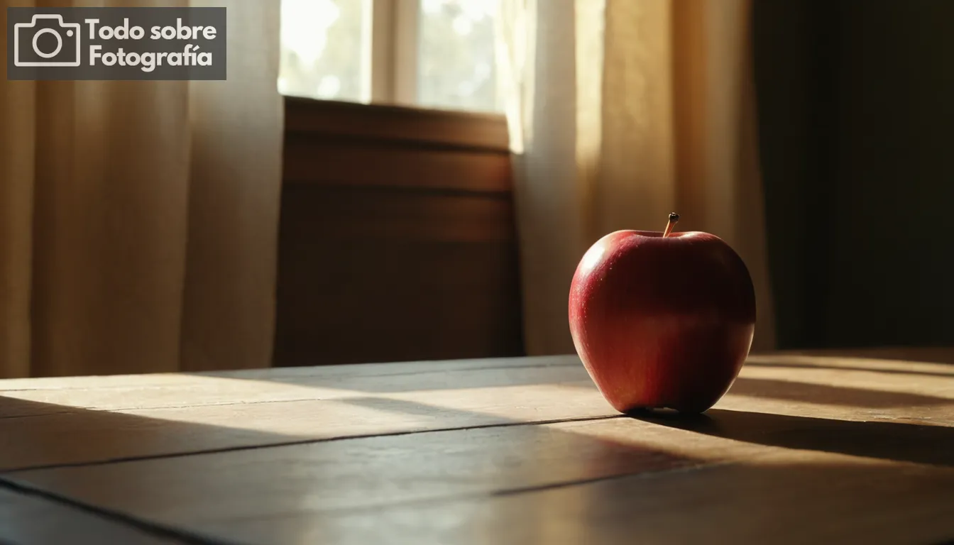 Una fotografía llamativa con una vibrante manzana roja descansando sobre una mesa de madera antigua; la luz del sol filtrando a través de cortinas que arrojan sombras dinámicas y destaca por diversos objetos en la habitación La atmósfera está cargada de energía, captando un sentido de enfoque tranquilo dentro del espacio