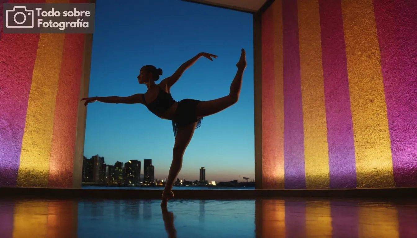 Paisaje urbano al atardecer, silueta de una bailarina, colores vibrantes mezclando en sombras, ambiente misterioso, efectos de iluminación bajos, superficies reflectantes en agua o vidrio, elementos ocultos dentro de la arquitectura, interacción lúdica con un ambiente abstracto