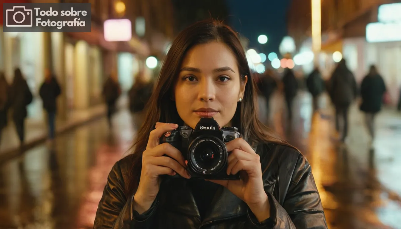 mujer que sostiene una cámara, vibrante paisaje urbano al atardecer, capturando momentos dulces, esencia de la fotografía callejera, efectos de iluminación de bajo llave, reflejos coloridos en el pavimento húmedo, interacciones espontáneas entre las personas, atmósfera bulliciosa, narración visual