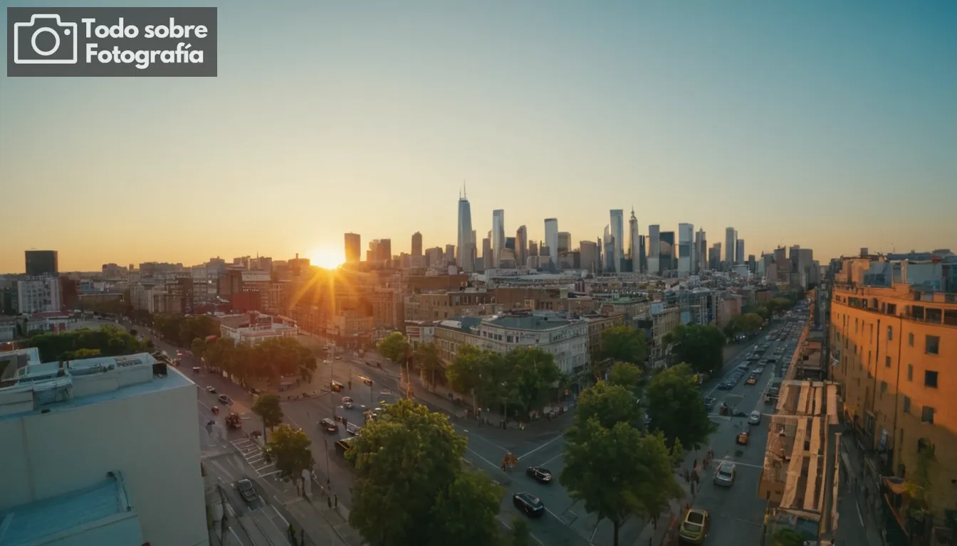 Puesta de sol sobre el horizonte de la ciudad, fotógrafo callejero, visión de lente de gran angular, grupo diverso de personas en toma frontal, colores vibrantes y contrastes, iluminación natural suave, detalles de arquitectura urbana intrincada, elementos de fondo discretos, composición creativa enmarcando, perspectiva artística