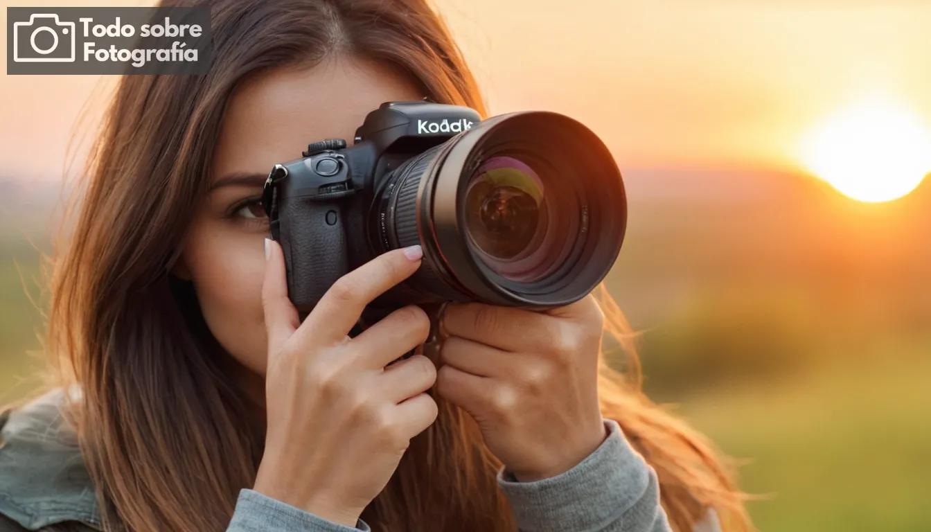 mujer que sostiene cámara, escenario exterior, fondo borroso, enfoque de sujeto afilado, lente larga ampliada, tonalidades de puesta del sol, vista de gran angular capturada, soporte trípode, momento de retrato de caña, composición estética, profundidad poco profunda del efecto de campo