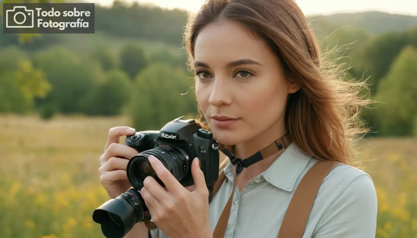 mujer con correa de cámara, ambientación al aire libre, iluminación diurna, fondo neutro, vista de cerca, visibilidad clara del modelo de cámara y accesorios, atuendo casual, clima soleado, ambiente tranquilo, potencial compromiso del usuario con las características del producto