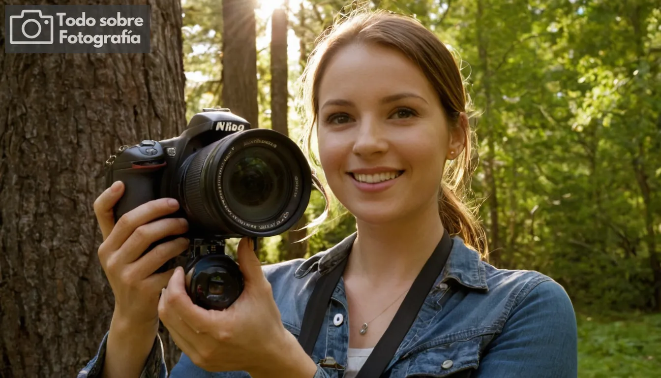 Ashley Hamilton con una cámara, luz solar brillante fluyendo a través de árboles, paisaje exterior, sonriente entusiasta, visión de lente de gran angular, formato SLR digital, marca Nikon prominente, modelo D3000 claramente visible, pantalla de sensor de imagen detallada, varios botones y diales en el cuerpo de la cámara, características de diseño compacto, montura de trípode duradero, menús accesibles mostrados, colores vibrantes y contraste agudo, sujeto potencial en acción pose