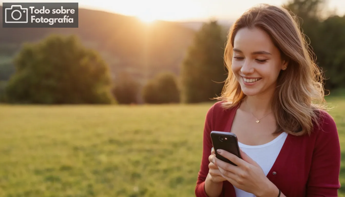 Una mujer mirando su pantalla telefónica con expresión sonriente, fondo soleado brillante, ambientación al aire libre, cielo colorido en primer plano, icono de perfil Instagram visible en la pantalla, calidad de cámara profesional Nota: No se muestra ningún texto específico en la imagen