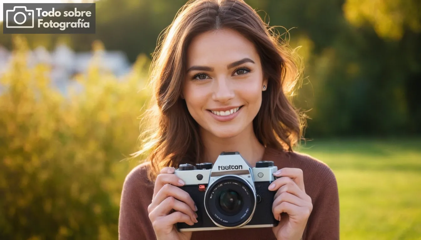 Modelo sonriente con las manos en cámara, ambientación al aire libre, clima soleado, cielo claro, colores vibrantes en el fondo, foco primer plano en el equipo de fotografía, Instagram logotipo sutilmente visible, ambiente pacífico e inspirador