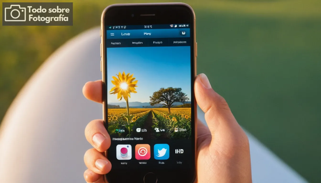 Pantalla Smartphone con varios iconos de fotos, sol y fondo de cielo azul, usuario sonriendo en su dispositivo, destacó el logo Instagram, primer plano en las fotos giratorias de los dedos, animadora