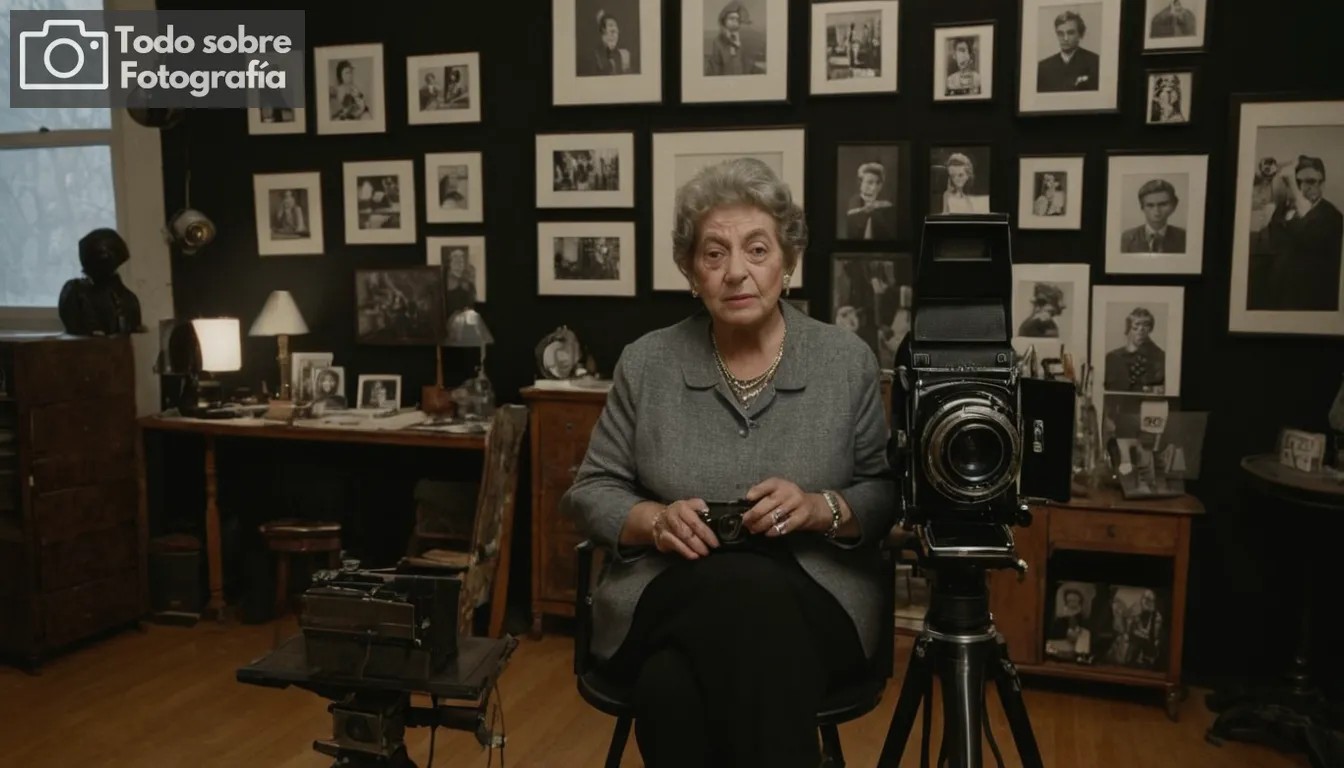 Diane Arbus en su estudio, varias fotografías en blanco y negro, retratos en candid, diversos temas, lente de cámara vintage, configuración de iluminación creativa, estación de edición de fotos, impresiones originales, decoración artística, estética de mediados de siglo, narración convincente