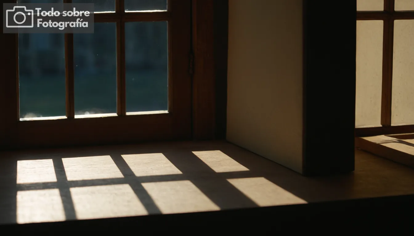 Luz solar entrando a través de una ventana, sobre un objeto con sombras, resaltando ángulos y dirección, contraste entre áreas de luz y oscuras, representación visual de técnicas de fotografía