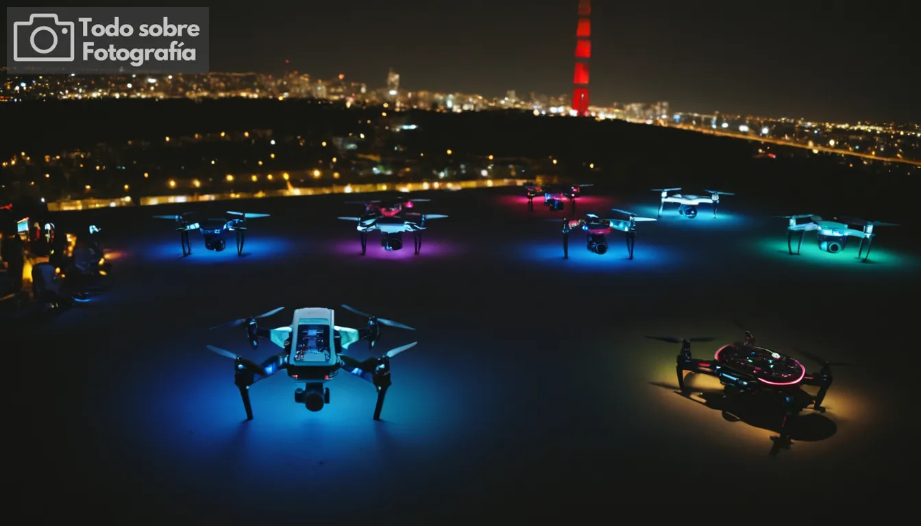 Drones flotando en el cielo, cámaras de drones montadas en cuerpos, vista de cerca de los engranajes de drones y electrónica, luces coloridas visibles desde debajo de drones, diversos modelos mostrados lado a lado, características de tecnología de vanguardia resaltadas