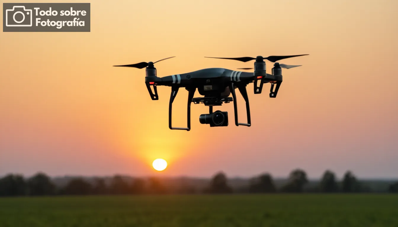 Drone flotando a mitad del aire, modelo de drones de bajo presupuesto, fondo de puesta de sol vibrante, cámara alimentada en pantalla, paisajes diversos, múltiples drones para comparación, diseño elegante, características innovadoras destacadas, localización de tiro al aire libre, tomas de acción de drones maniobrabilidad